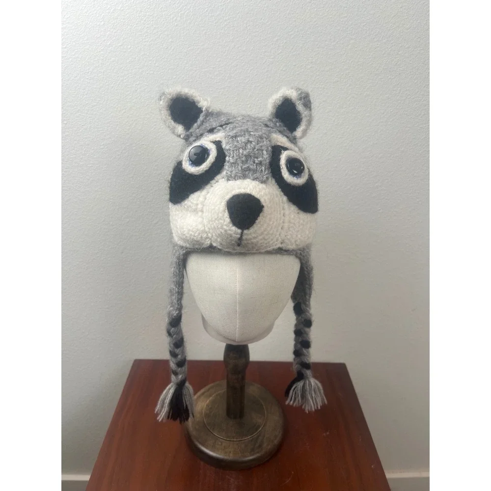 Kids Grey Jimothy Raccoon Hand Knit Animal Beanie Earflap Hat  Braided Tassels